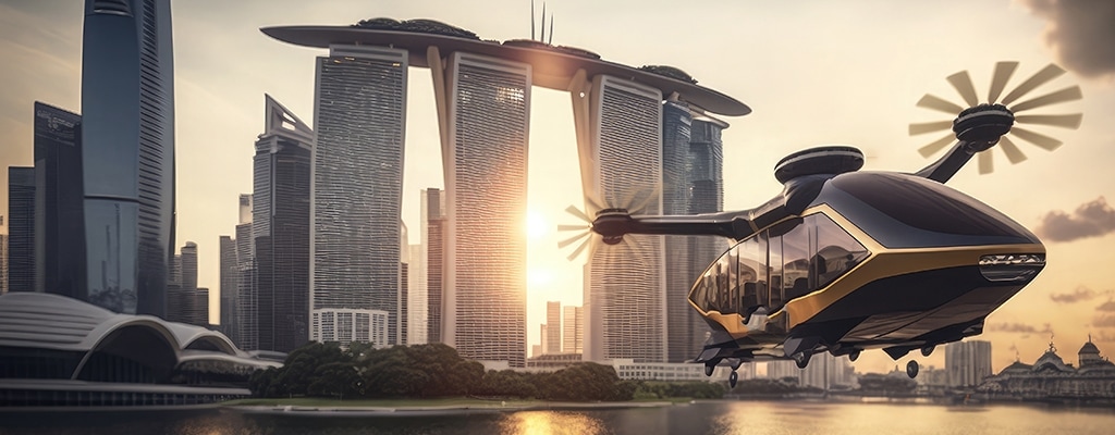 eVTOL aircraft flying through the city at sunset.