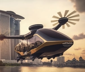 eVTOL aircraft flying through the city at sunset.