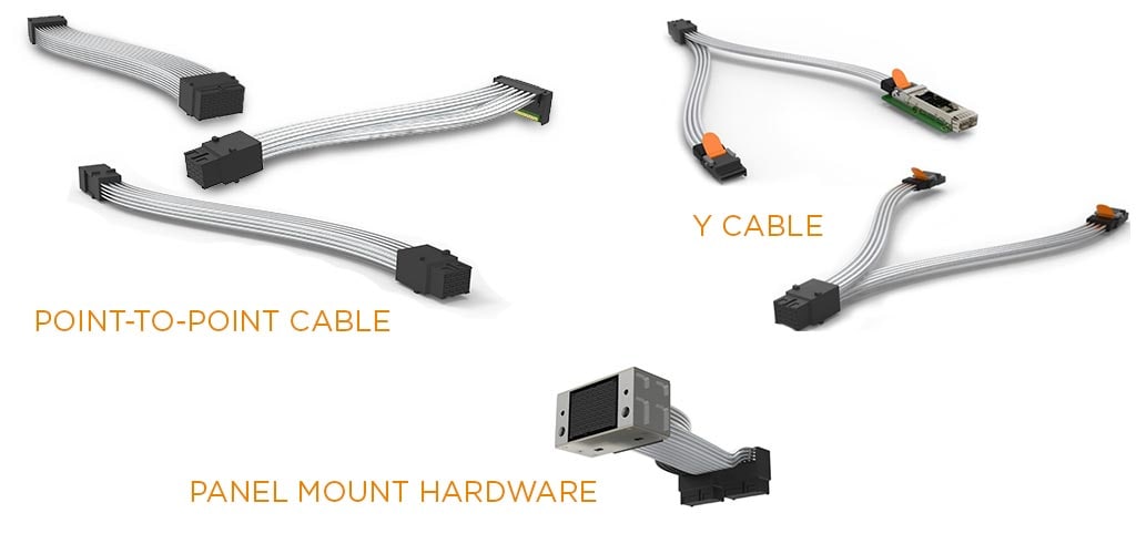 Configuraciones de receptáculos de cables STRADA Whisper: conjuntos de cables punta a punta, conjuntos de cables Y y hardware de montaje en panel