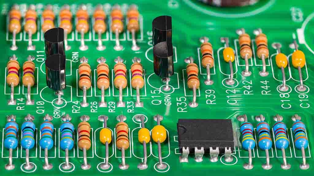 Resistors on a printed circuit board (PCB).