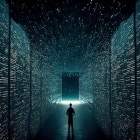 Un homme se tient debout dans un immense centre de données.