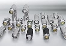 Variety of INTERCONTEC signal connectors on a white background. 