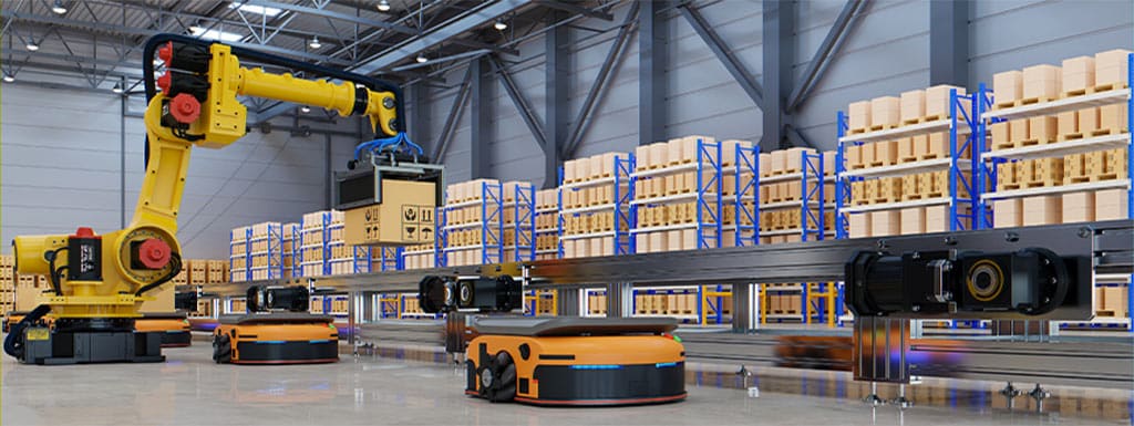 A factory interior with automated guided vehicles and an amr robotic arm moving boxes