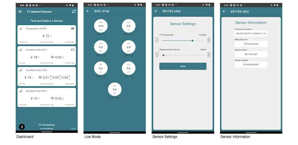 Screenshots von Dashboard, Live-Modus, Einstellungen und Informationen aus der TE SensorConnect-App