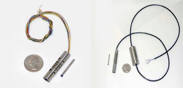 Positionssensor für hohe Temperatur- und Druckbereiche (+200 °C und 20.000 psi) für Bohrlöcher. Positionssensor (rechts) mit separater Elektronik für den Einsatz in rauen Umgebungen.